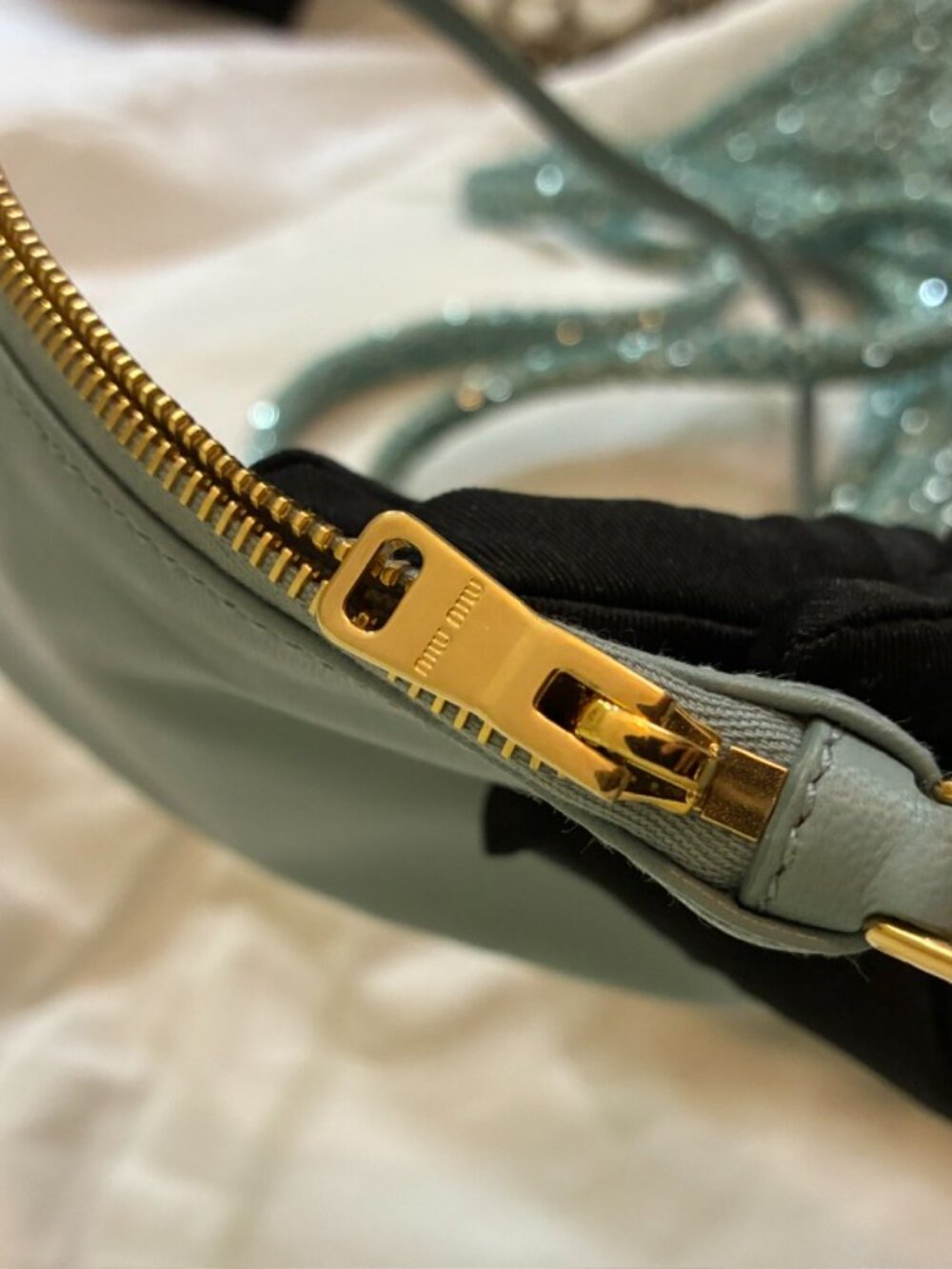Miu Miu Ivy Sequin Mesh Bag in the anise/turquoise colorway - Picture 6 of 12
